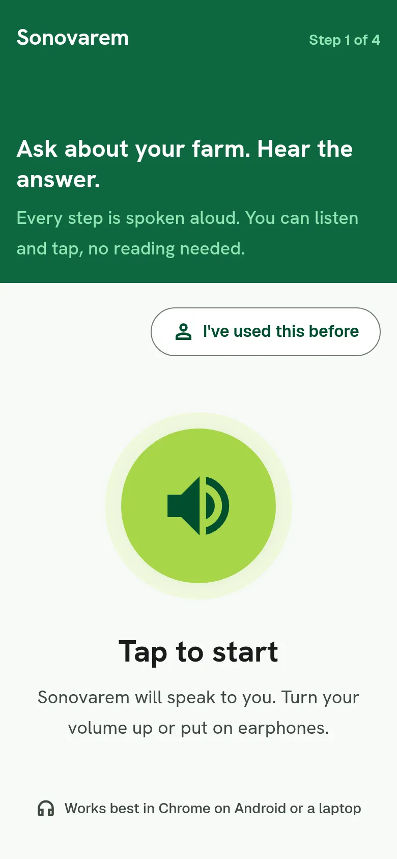 The start screen: a large speaker button and the words Tap to start.